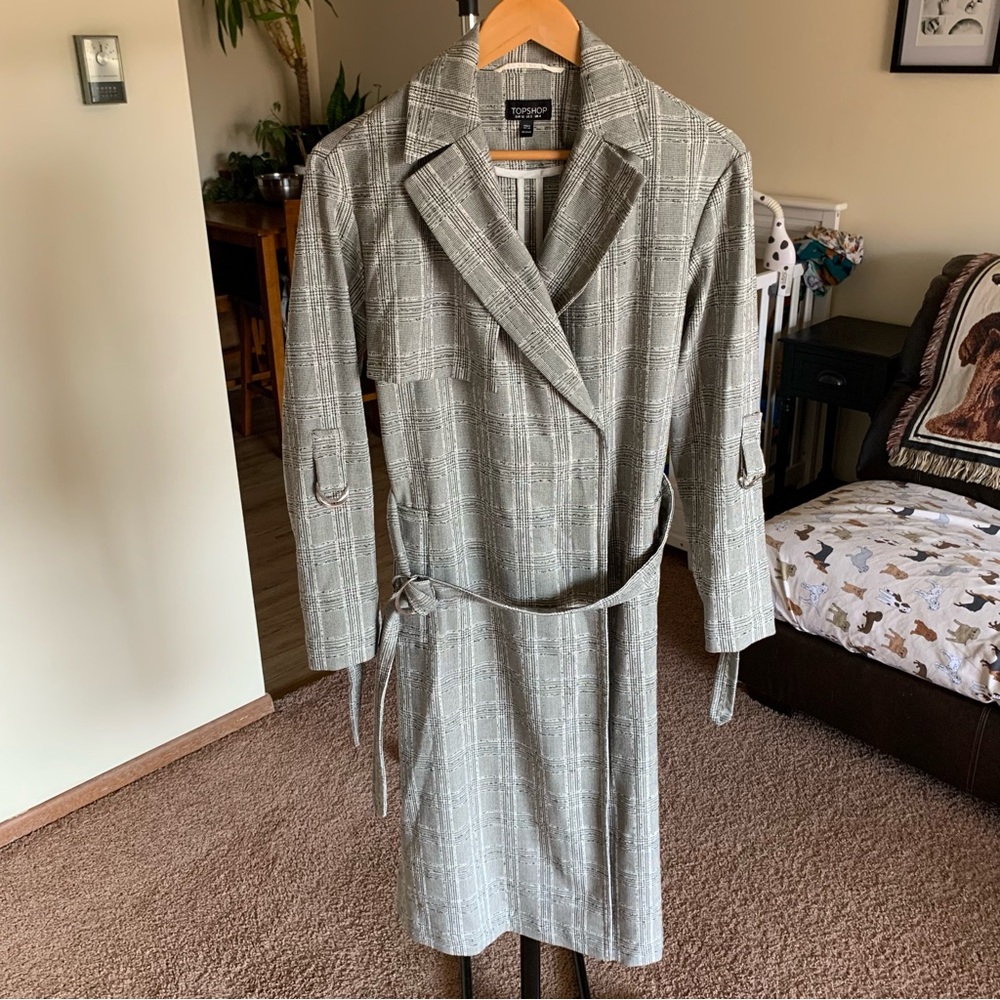 Topshop Belted Trench Coat Jacket Plaid 0
